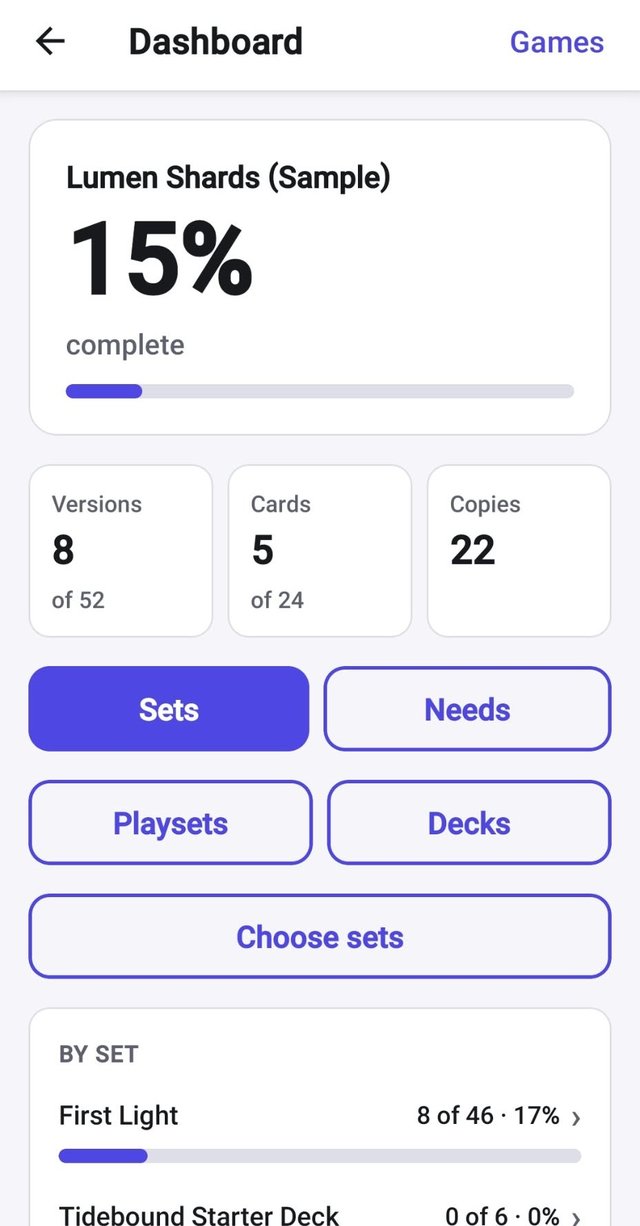 Setwise dashboard screen