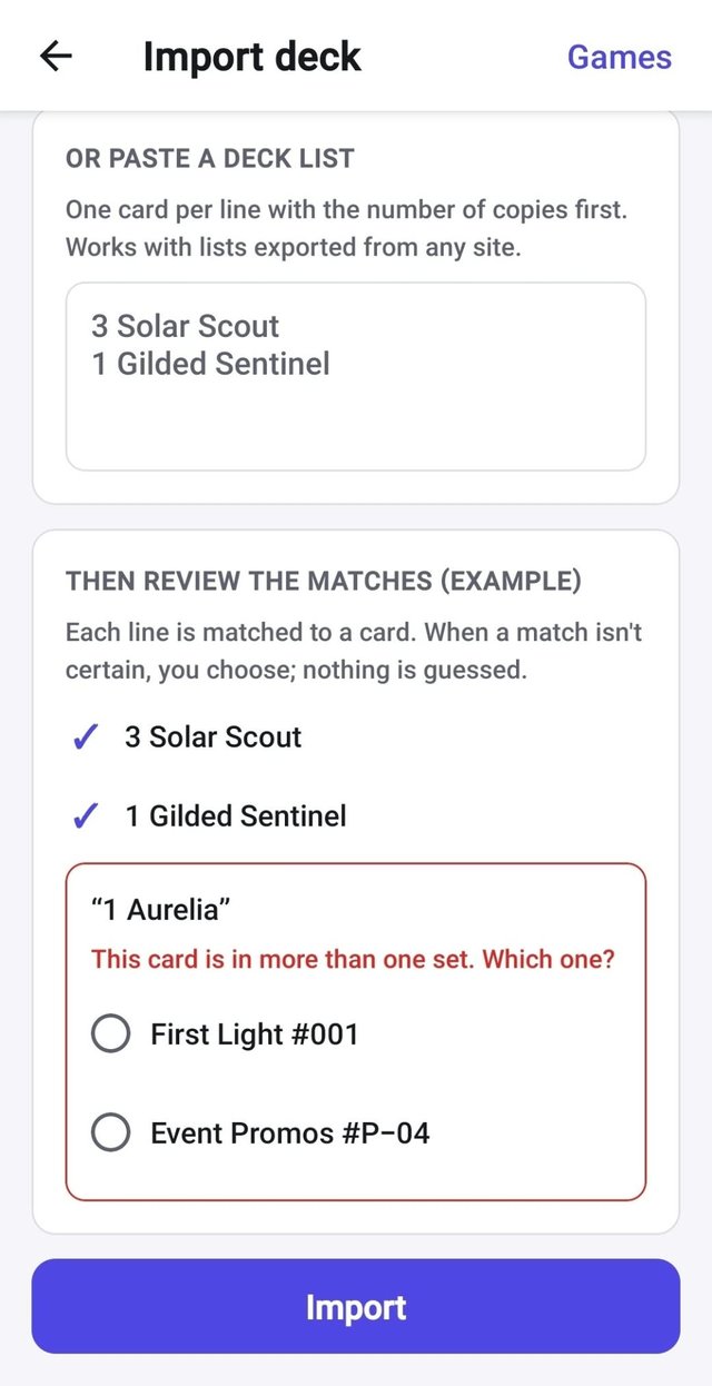 Deck import preview: paste a deck list, then review the matches and choose the set when a card is in more than one