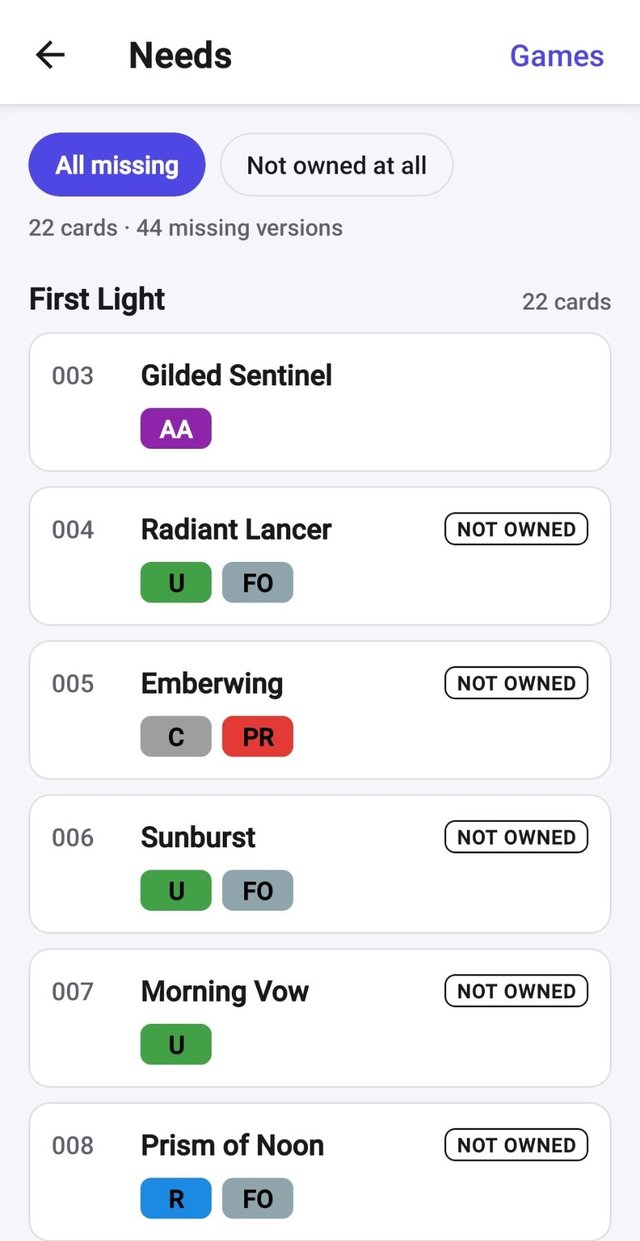 Needs list grouped by set, showing missing versions and cards marked Not owned
