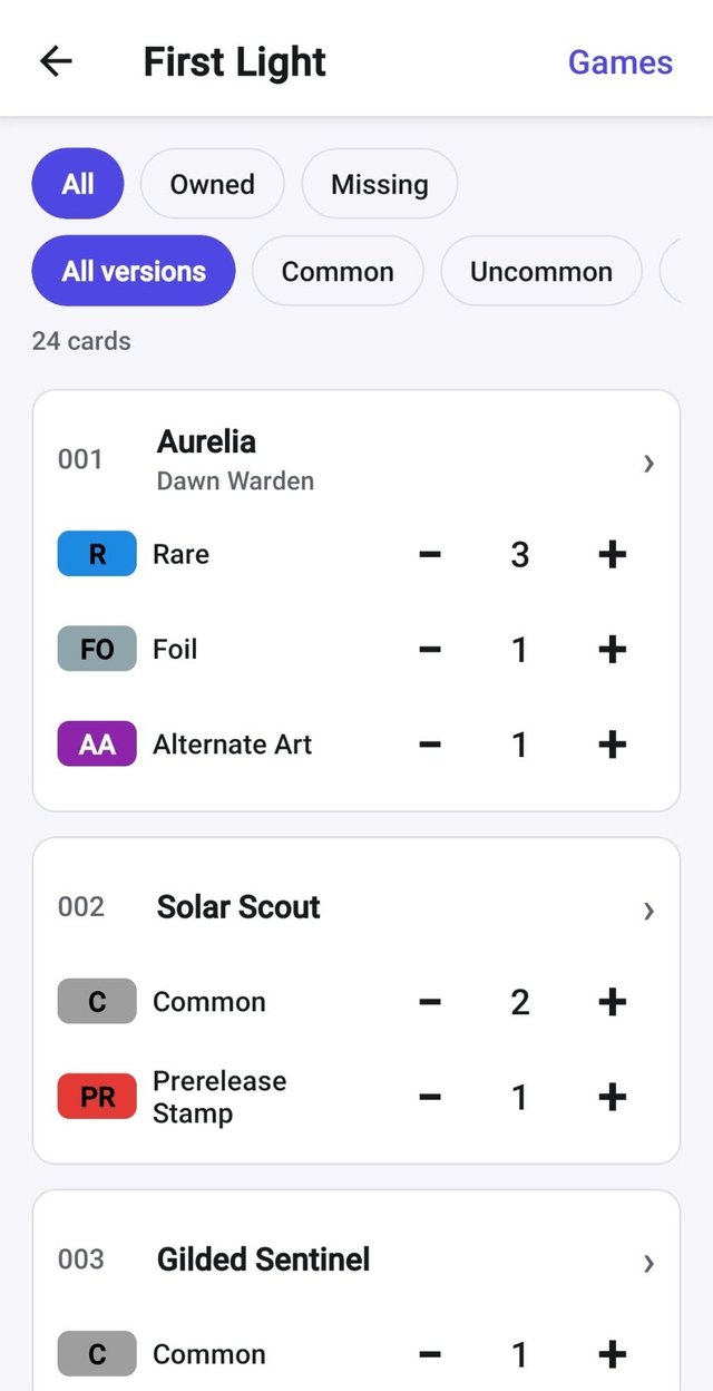 A set in collector-number order with + and − counters for each version
